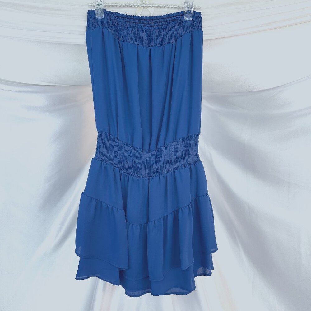 Krisa Bright Blue Strapless Sheer Ruffle Skirt Dress